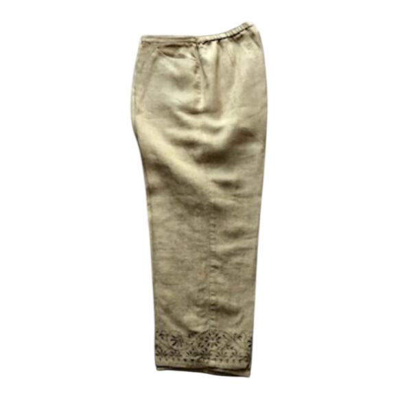 Vintage Sigrid Olsen Sport Linen Pants Beige Embroidered Hem 100% Linen Size 14 - Picture 1 of 15